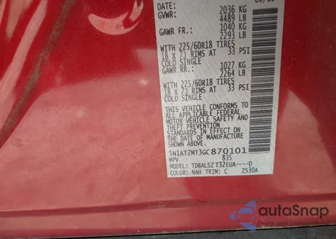 2016 Nissan Rogue Sl from USA, damaged, VIN 5N1AT2MT3GC870101